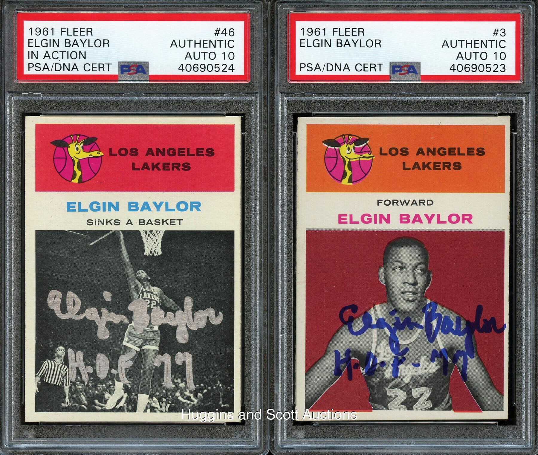 1961-62 Fleer Basketball Elgin Baylor Signed Rookie Card Pair - Both PSA/DNA Authentic 10 Autos