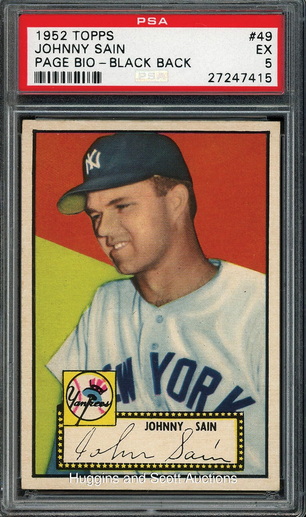 1952 Topps Baseball #49 Johnny Sain (Page Bio Variation) - PSA EX 5