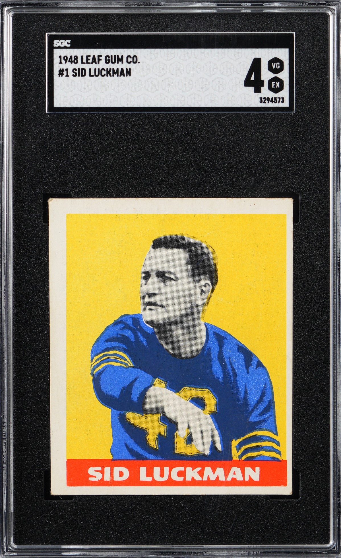 1948 Leaf Football #1 Sid Luckman Rookie (Yellow Background) SGC VG/EX 4